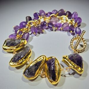 18k Gold Plated Genuine Amethyst Chunky Toggle Bracelet